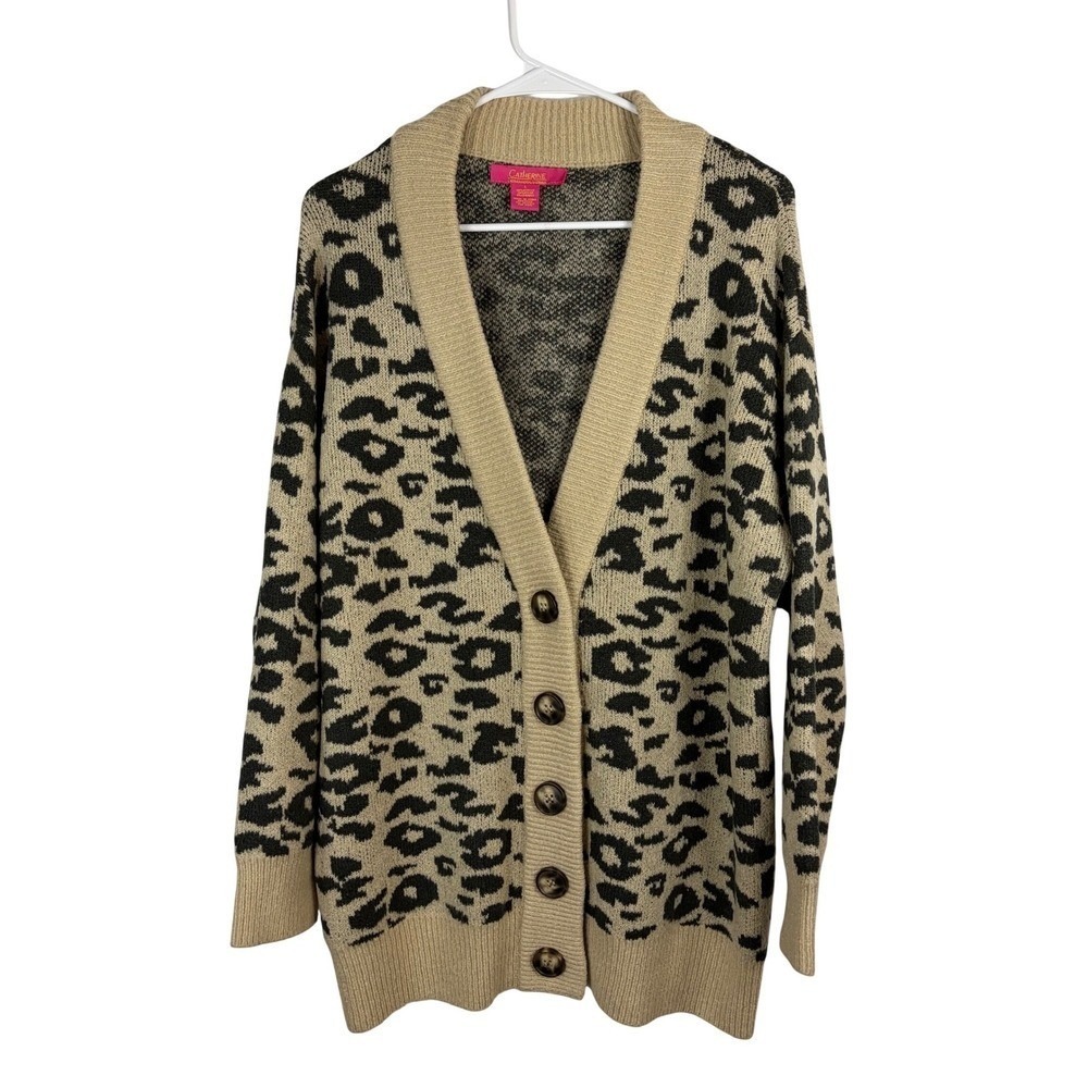 Catherine Malandrino Leopard Print Cardigan Tan Black Animal Knit Sweater Large